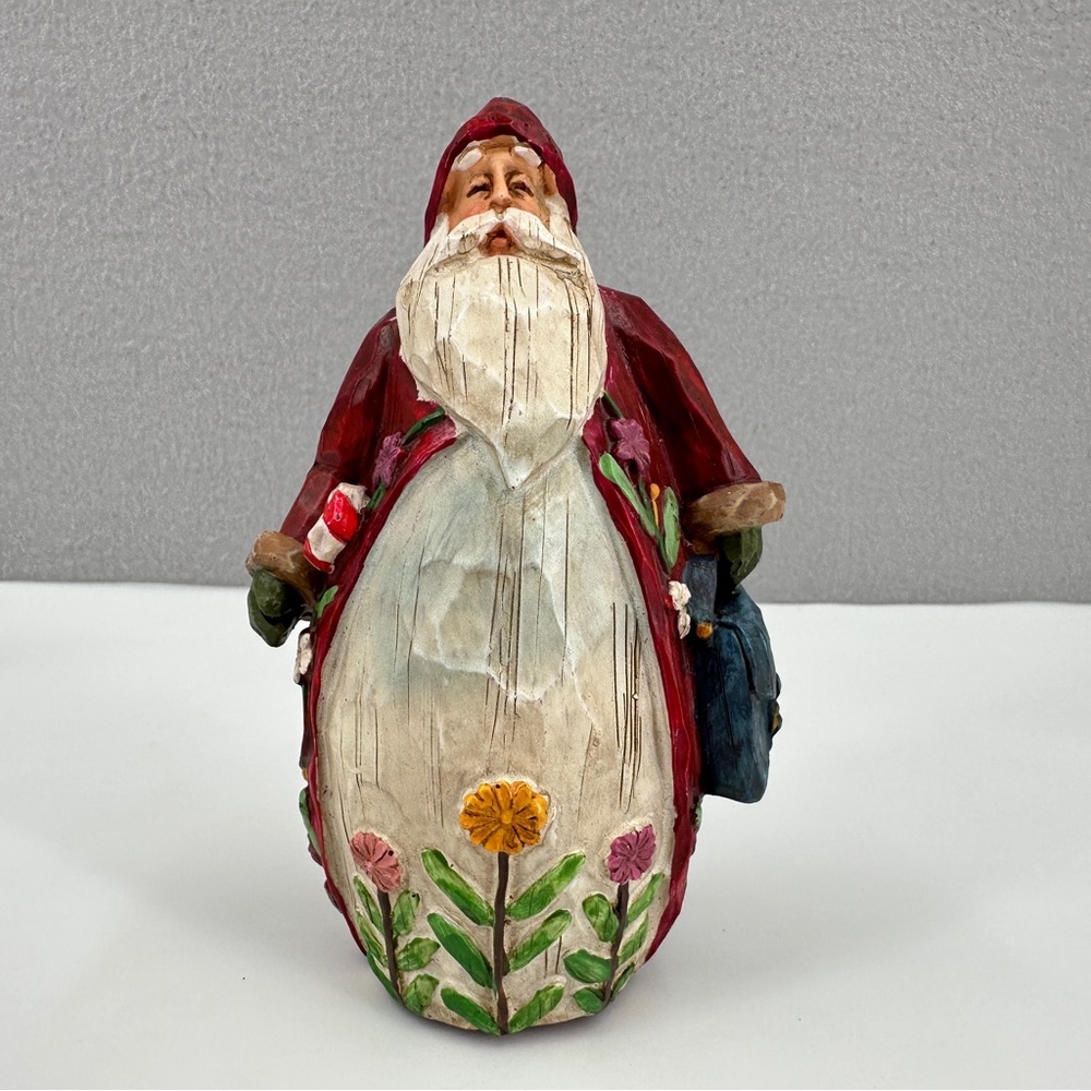 Floral Flower Garden Santa Claus Carved Resin Figurine Blue Satchel Candy Cane